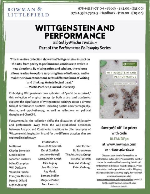 Publisher's flyer for the book 'Wittgenstein and Performance', edited by Mischa Twitchin (Rowman & Littlefield), showing the green book cover and the list of contributors, which includes Sue MacLaine.