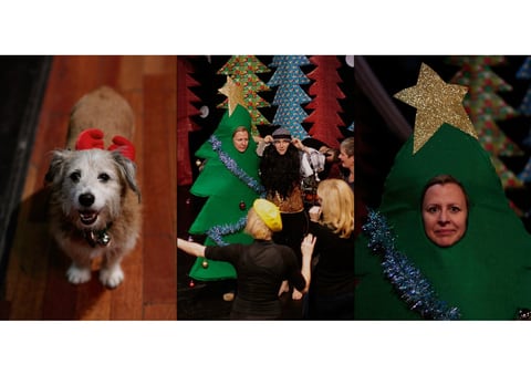 A three-part Christmas sequence: a small terrier in red antlers on a wooden floor, performers in a green Christmas-tree costume among cardboard trees, then a face framed inside a star-topped tree costume.